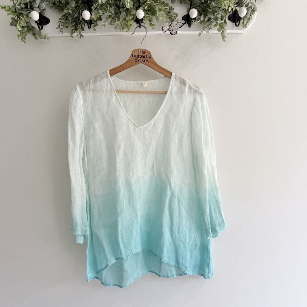 Eileen Fisher 100% Linen Blue Ombré Blouse 3/4 Sleeve Oversized XS M6064